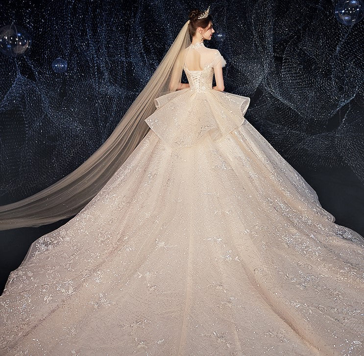 Concept chụp ảnh cô dâu quay lưng với váy cưới lấp lánh